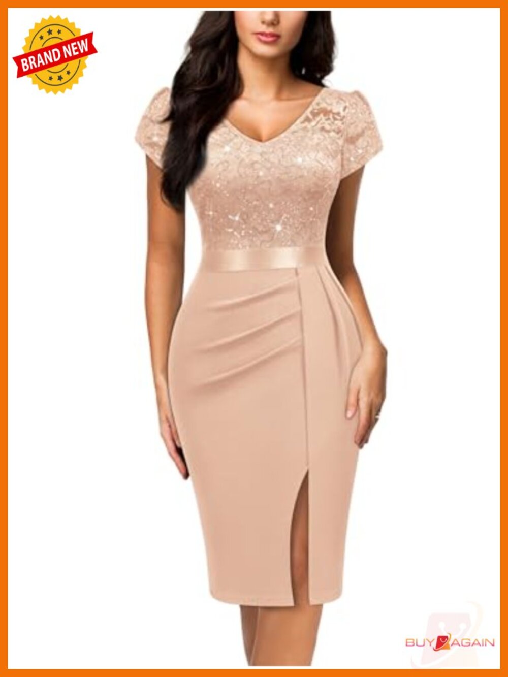 V-Neck Sequin Lace Cocktail Party Dress Puff Sleeve Knee Length